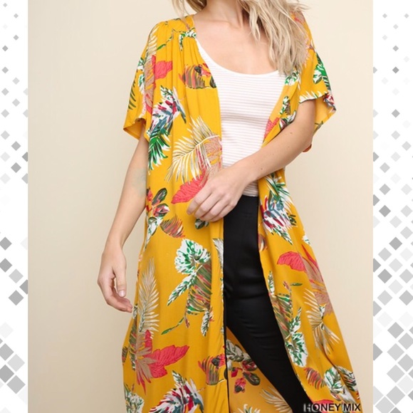 NWT UMGEE Yellow Tropical Print Kimono Duster Short Sleeve Cardigan Small - Picture 5 of 10